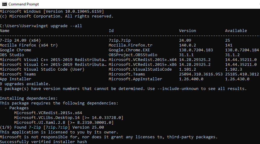 winget upgrade --all command in Windows Terminal - update all Windows apps