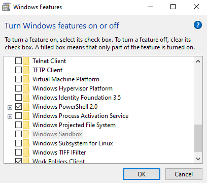 Windows Features required to install Docker on Windows with WSL 2 enabled