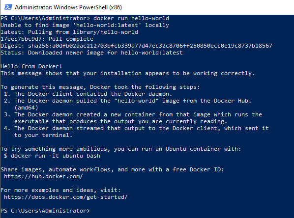 Docker hello-world verification after you install Docker on Windows