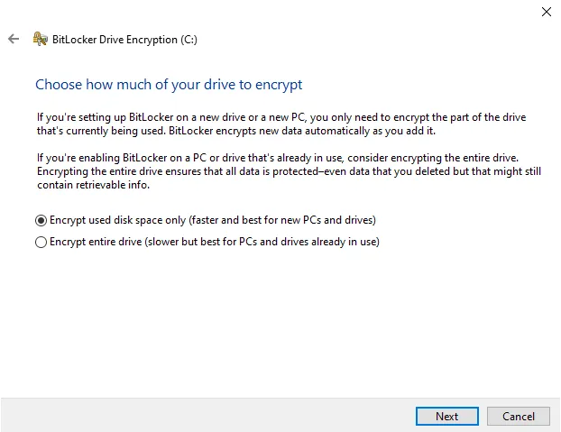 Option to encrypt used disk space or full drive
