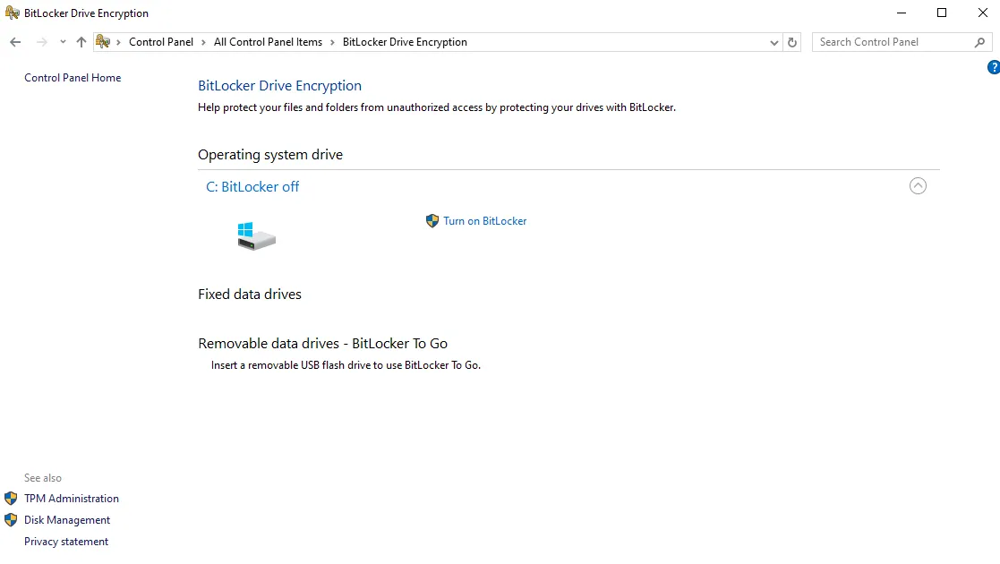 Enable BitLocker without TPM Group Policy setting in Windows