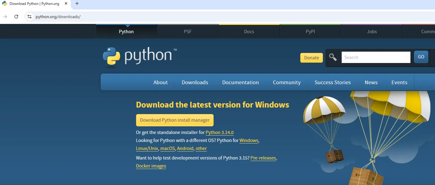 Download page to install Python on Windows from python.org