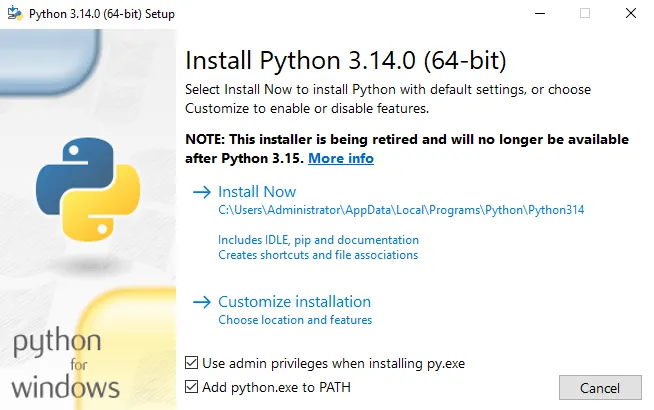 Windows Python installer with "Add Python to PATH" checked