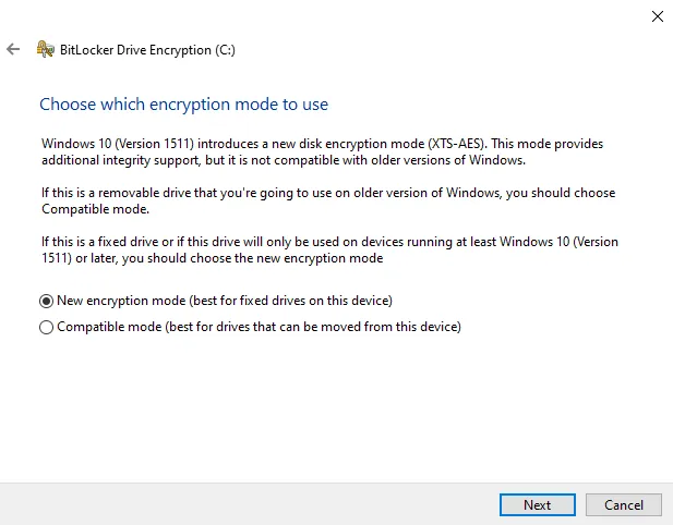 Pre-encryption system check confirmation screen