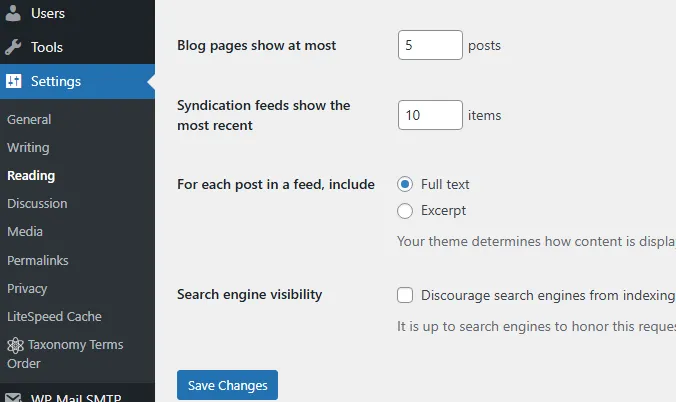 WordPress Reading Settings showing how to set WordPress blog posts per page