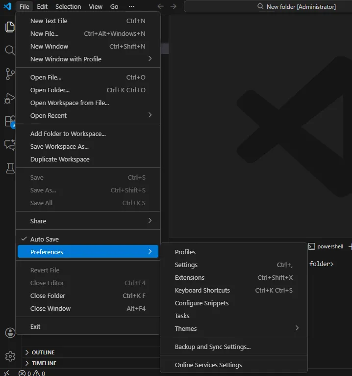 Open Settings menu in Visual Studio Code