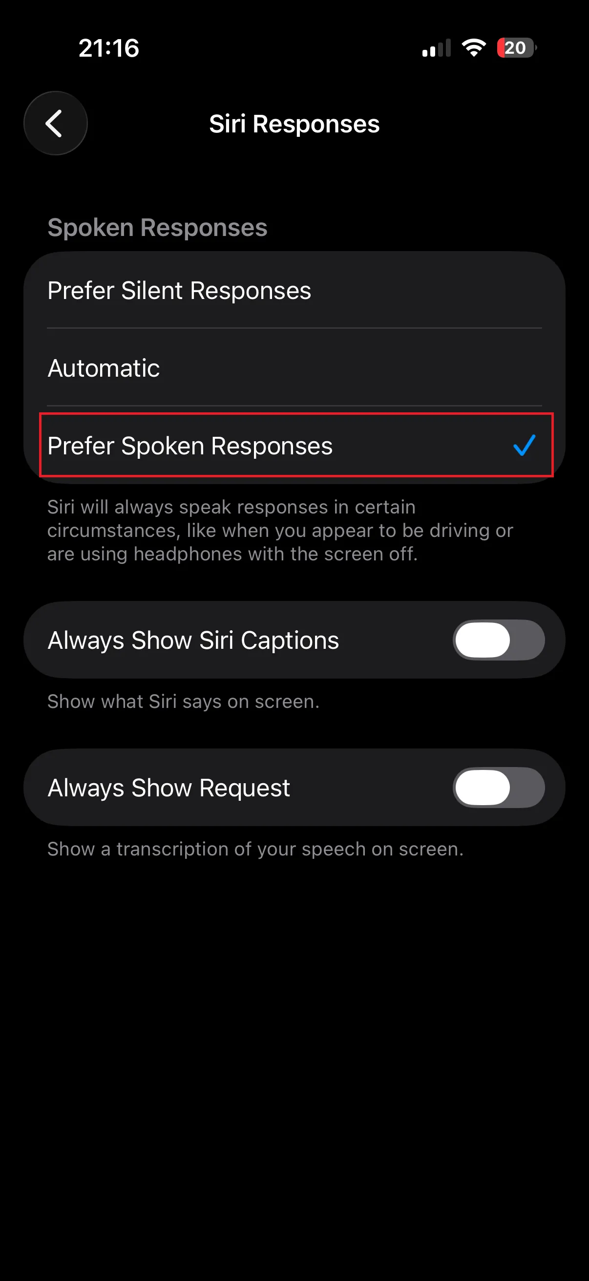Prefer Spoken Responses for Siri not responding to Hey Siri