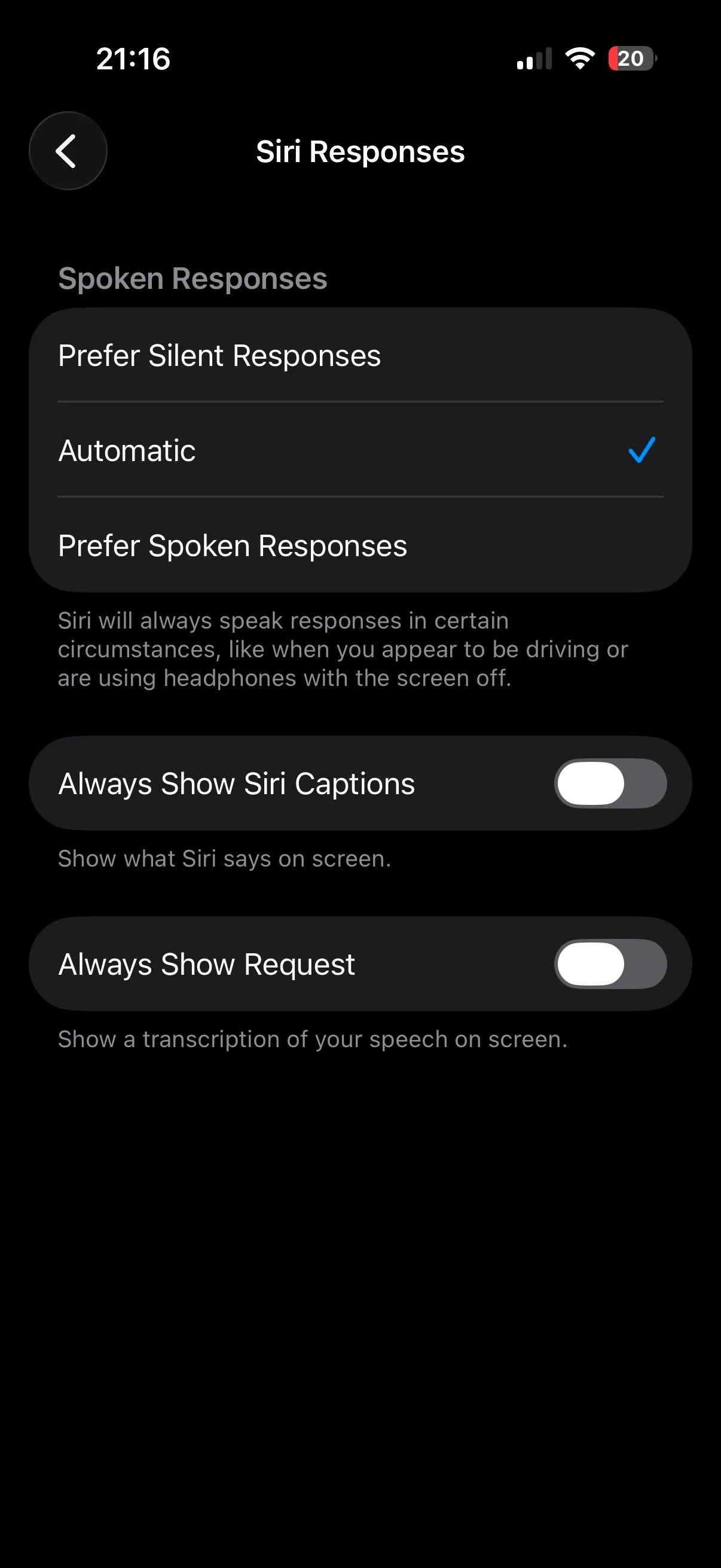 Siri Responses Automatic option selected on iPhone