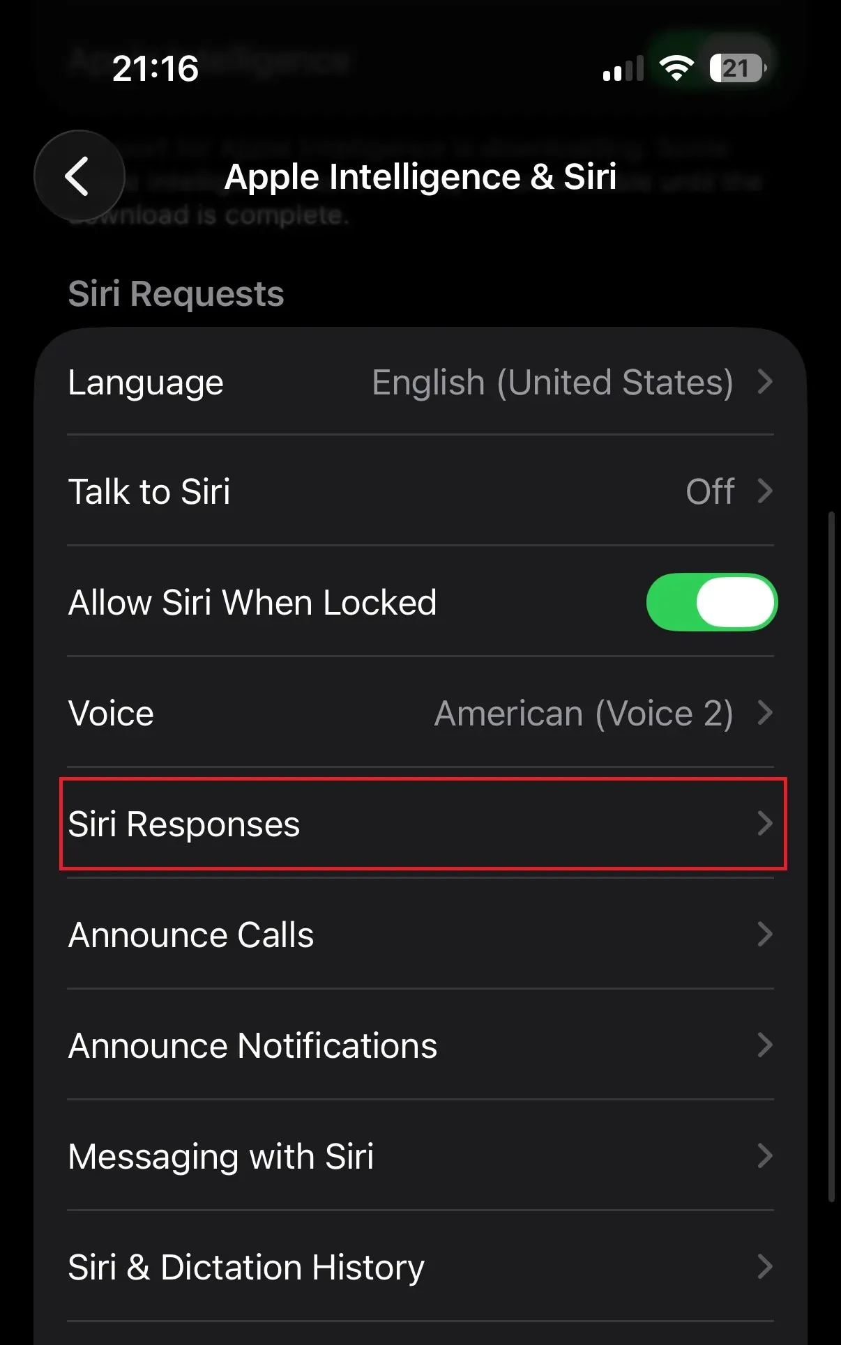 Siri Responses option in iPhone settings