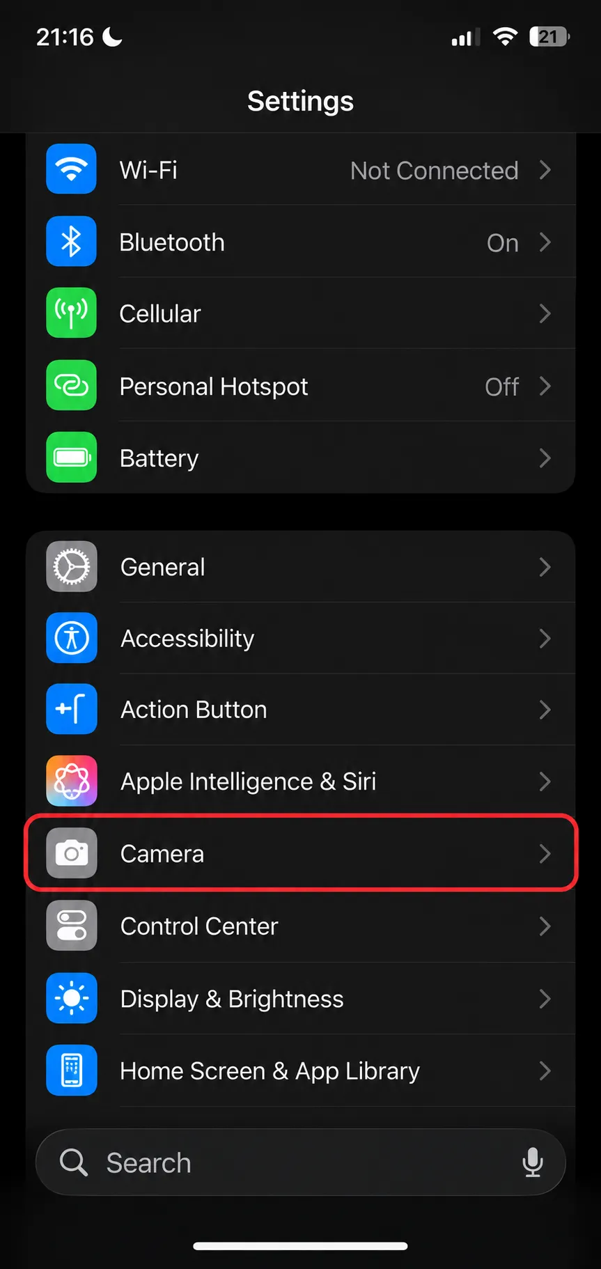 Open Camera settings on iPhone