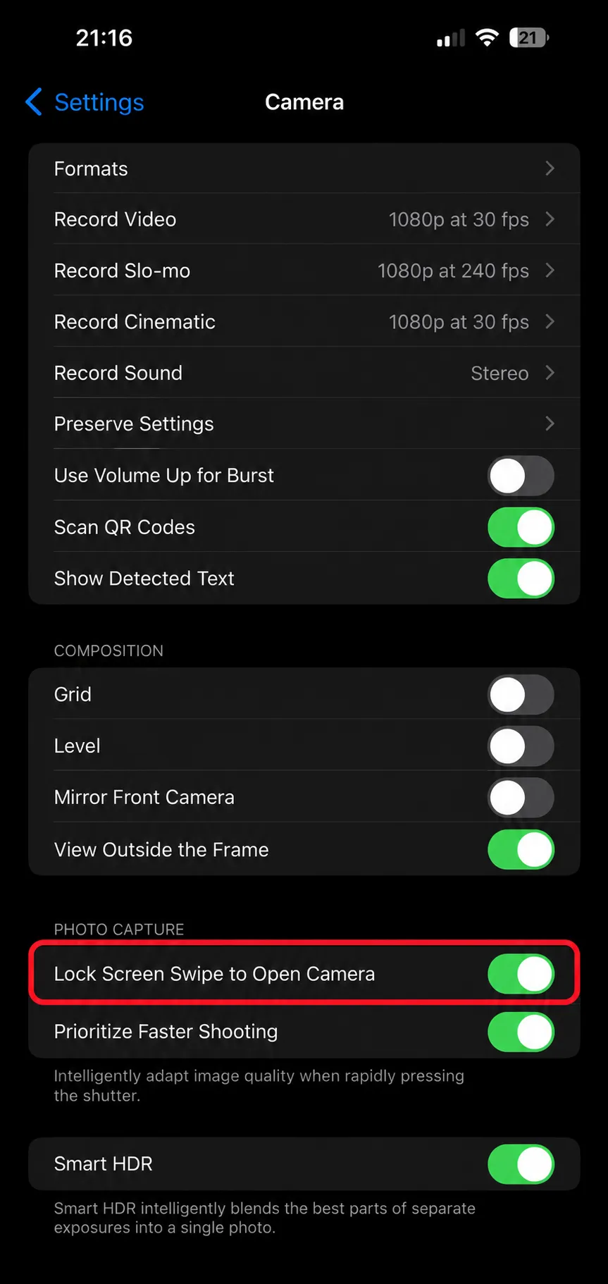 Lock Screen Swipe to Open Camera setting on iPhone