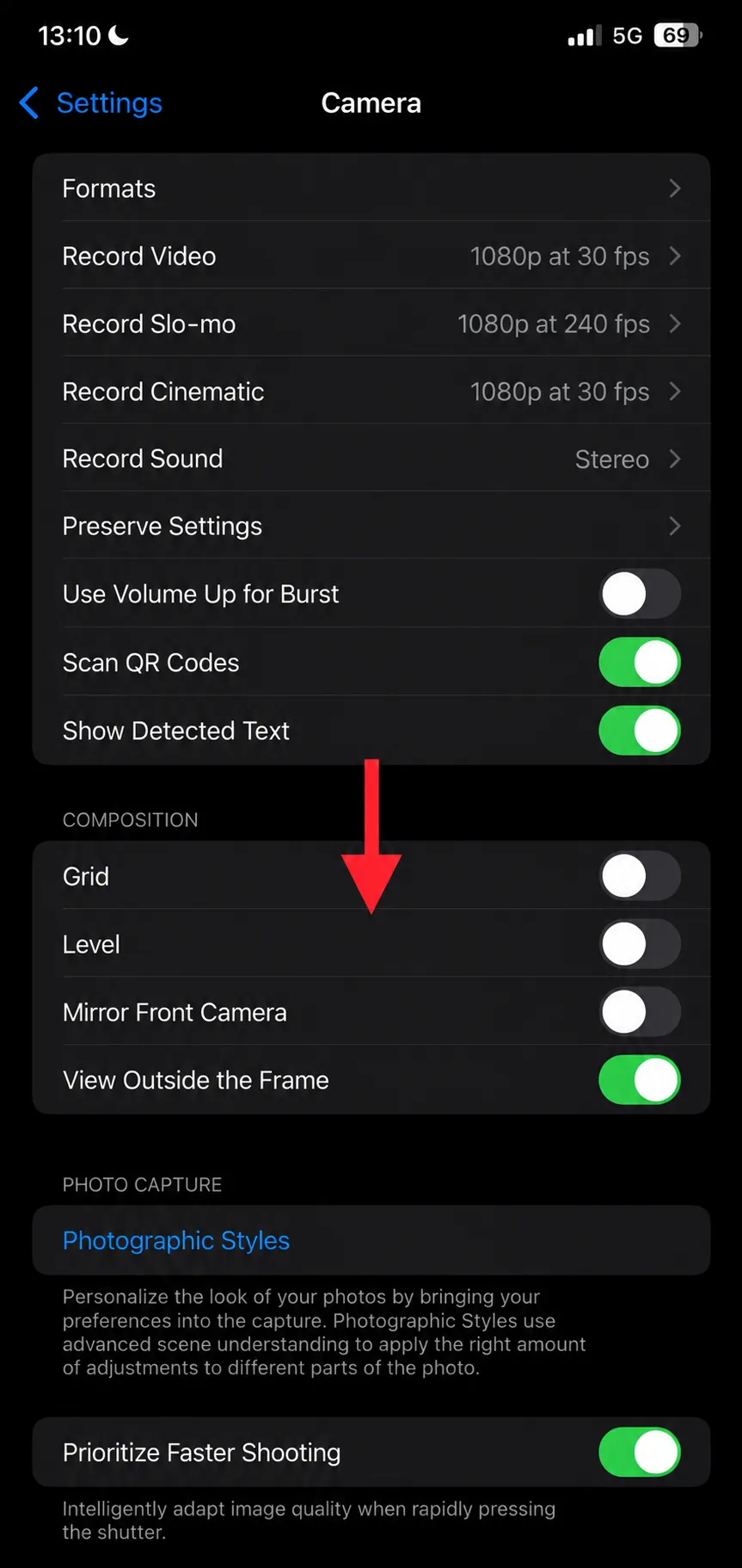 Scroll down in iPhone Camera settings