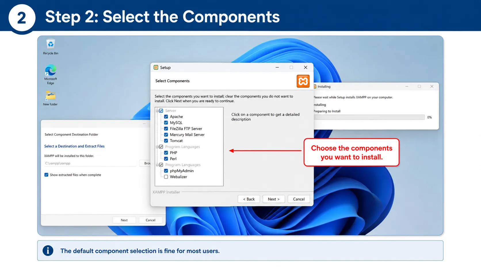 Step 2 select XAMPP components for WordPress installation