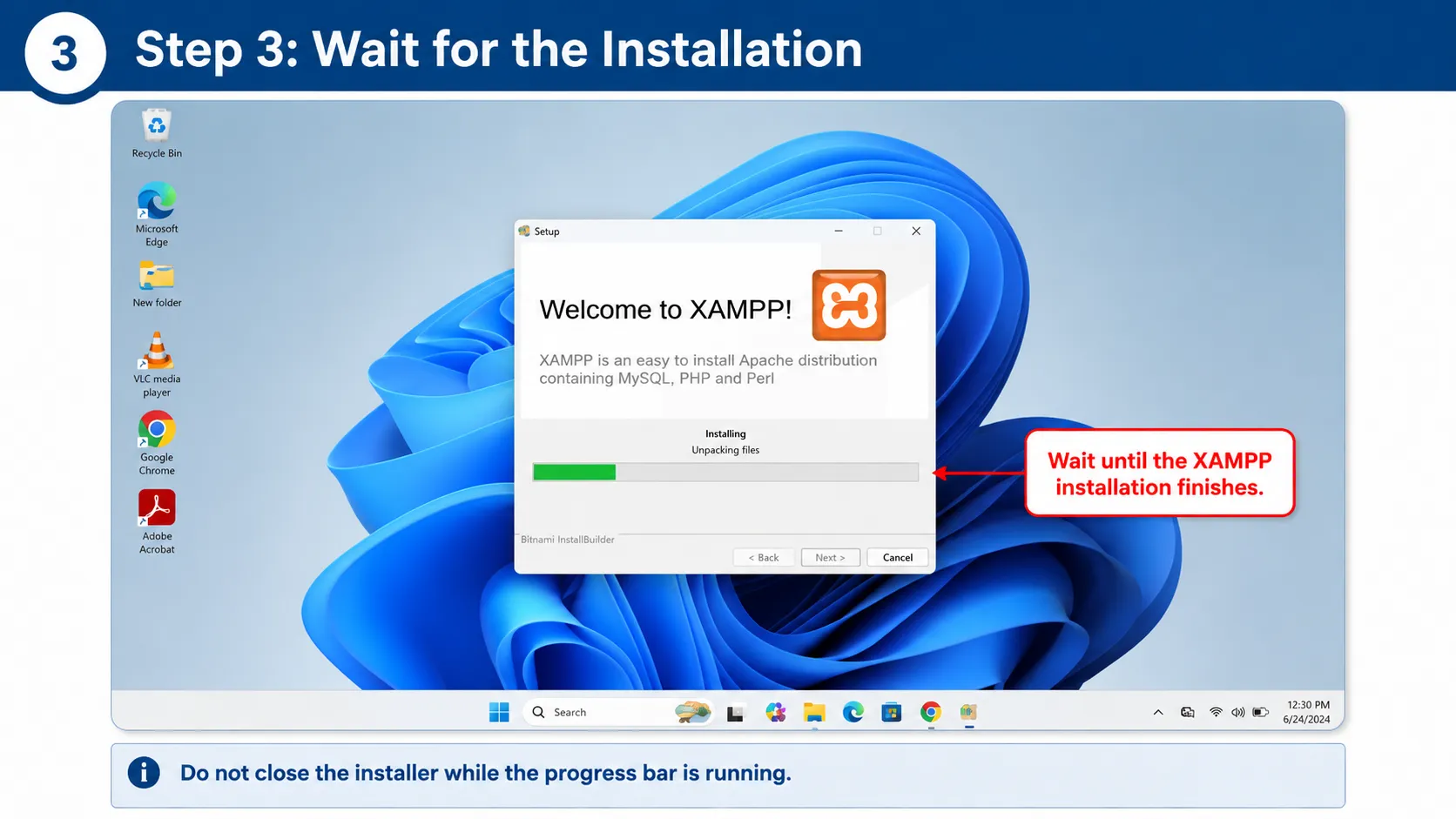 Step 3 wait for the XAMPP installation to finish