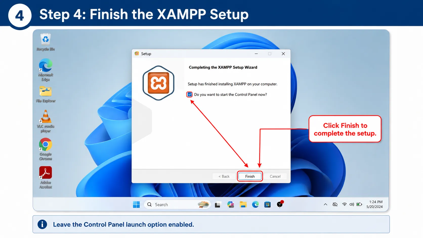 Step 4 finish the XAMPP installation on Windows