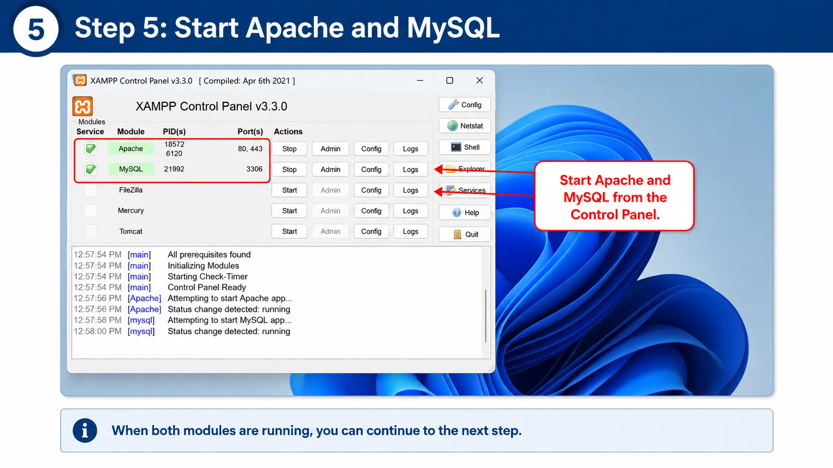Step 5 start Apache and MySQL in the XAMPP Control Panel