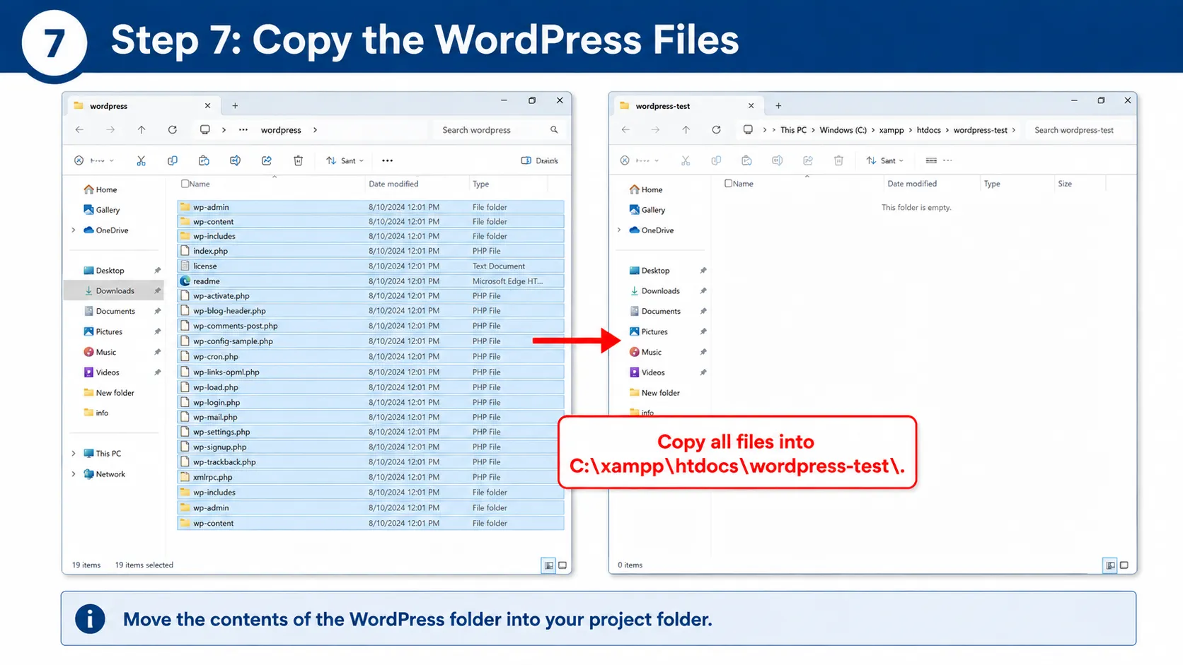 Step 7 copy WordPress files into the XAMPP htdocs directory