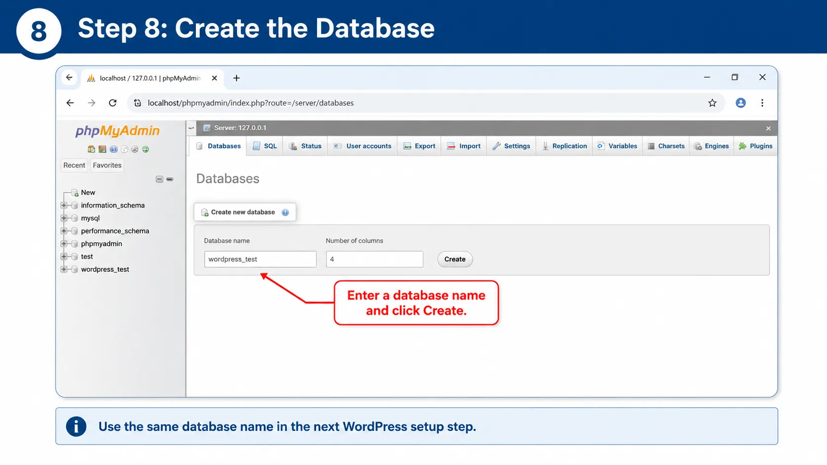 Step 8 create a WordPress database in phpMyAdmin using XAMPP