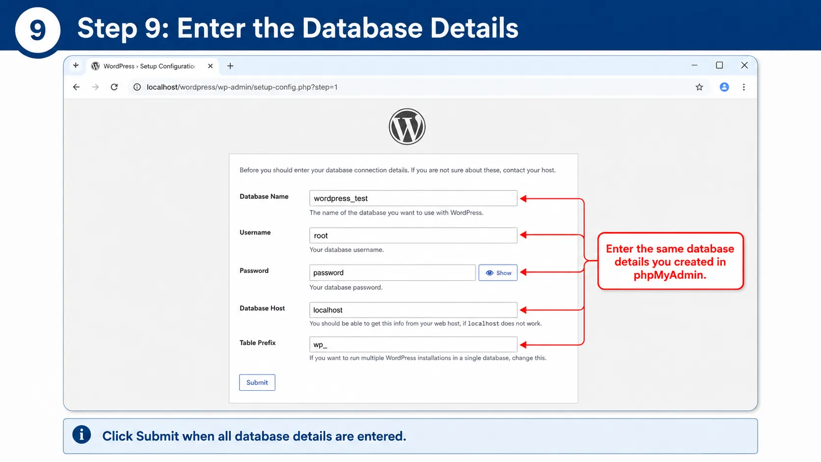 Step 9 enter WordPress database connection details for XAMPP