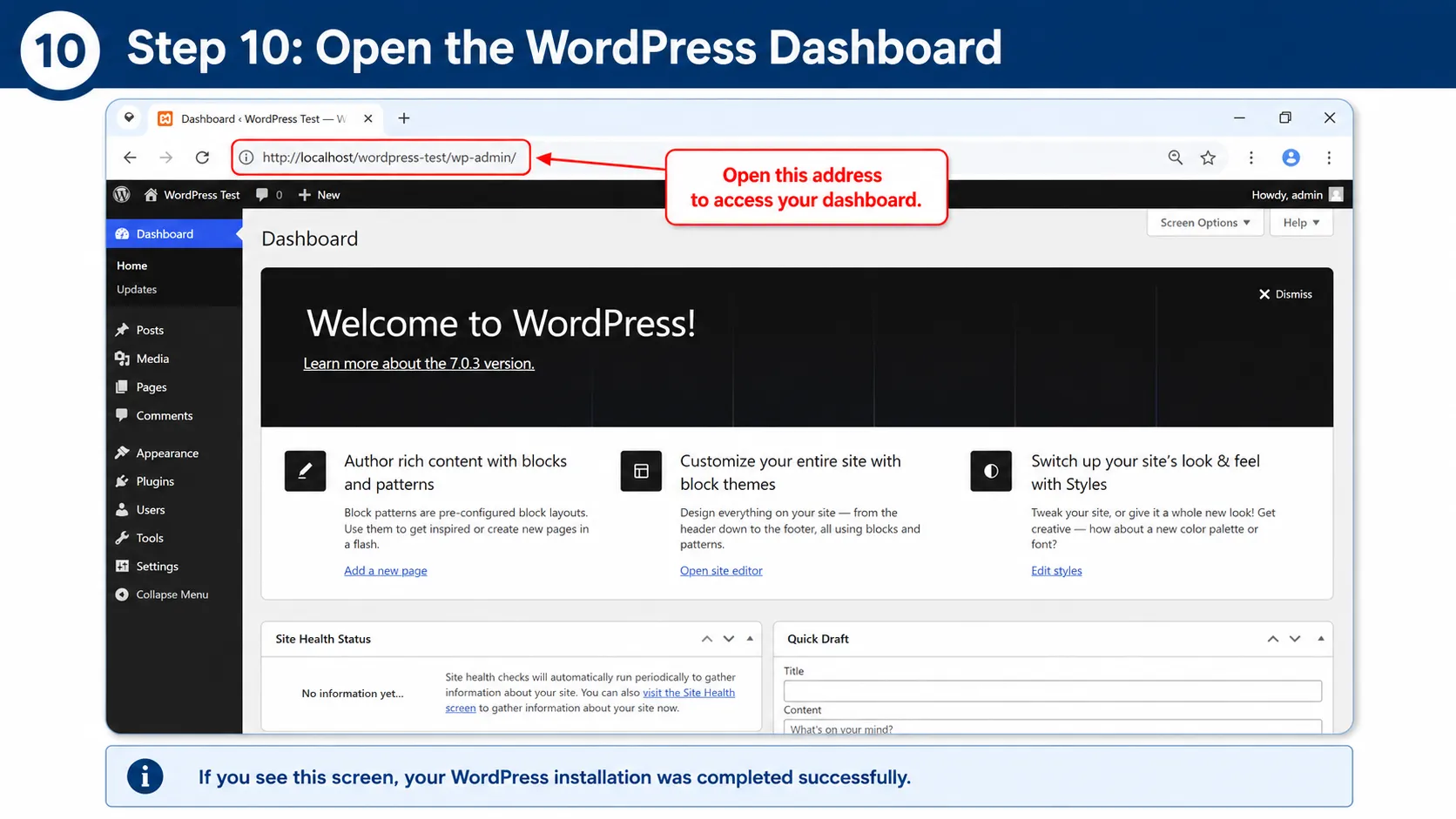 Step 10 open the WordPress dashboard after installing WordPress on XAMPP